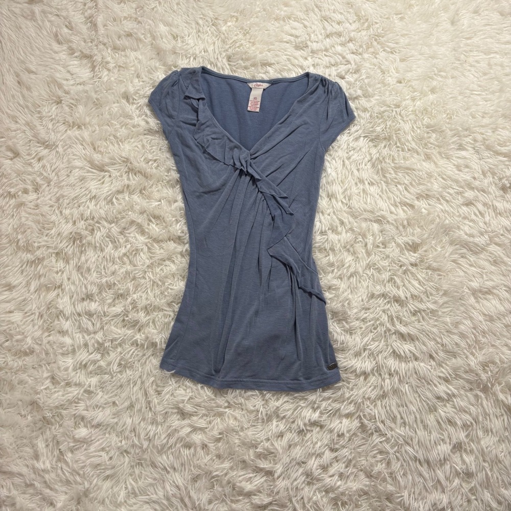 y2k blue ruffle cross top xs